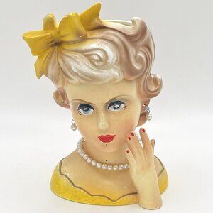Vintage 50s Rubens Lady Head Vase Planter Woman Pearls Mold 4/30 Japan MCM